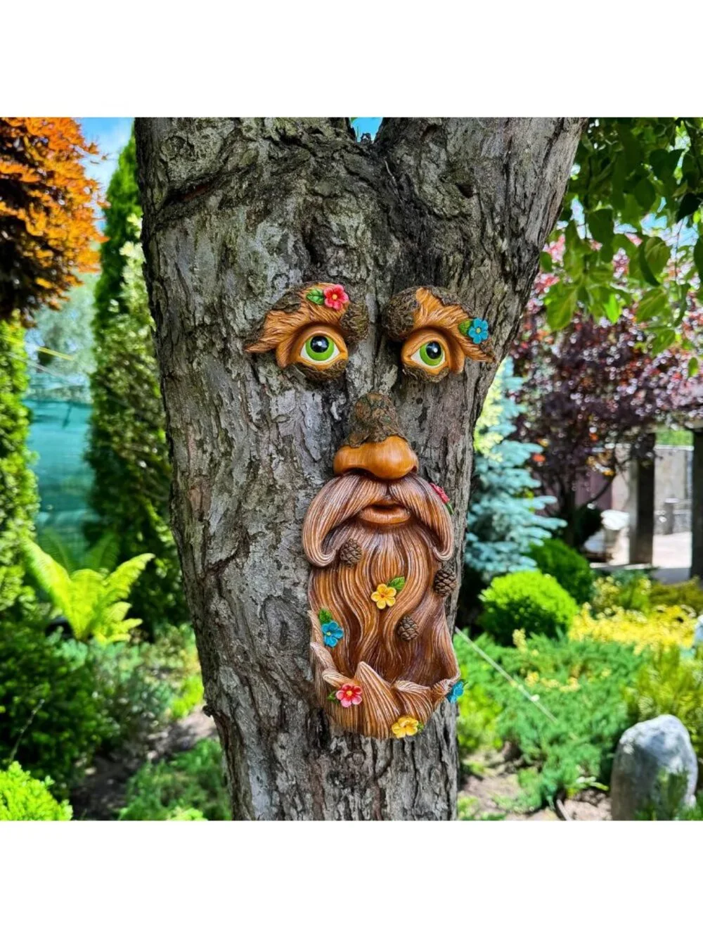 Whimsical Tree Face Decor with Flowers - Outdoor Garden Hugger Statue Art